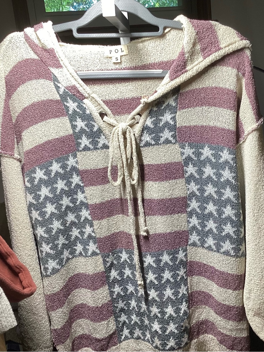 POL Lace-Up Hooded Knit Sweater in Cream and Mauve